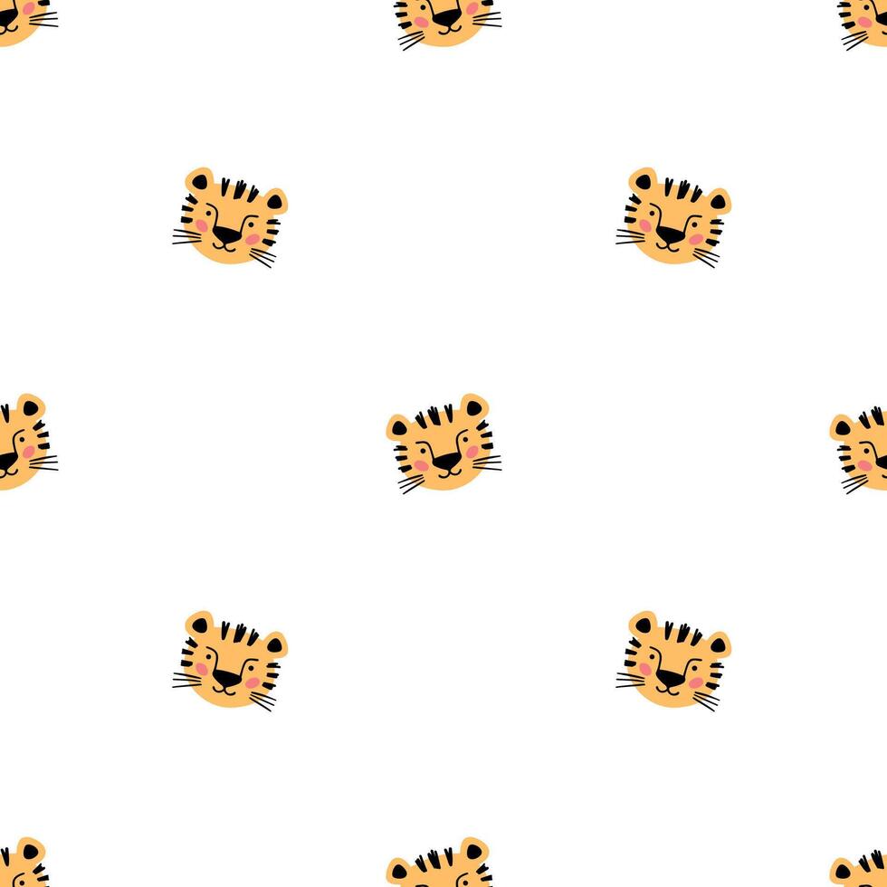 Cute Scandinavian seamless pattern with little Tiger muzzle in doodle style. Illustration cartoon tiger head. White background. Children drawing vector