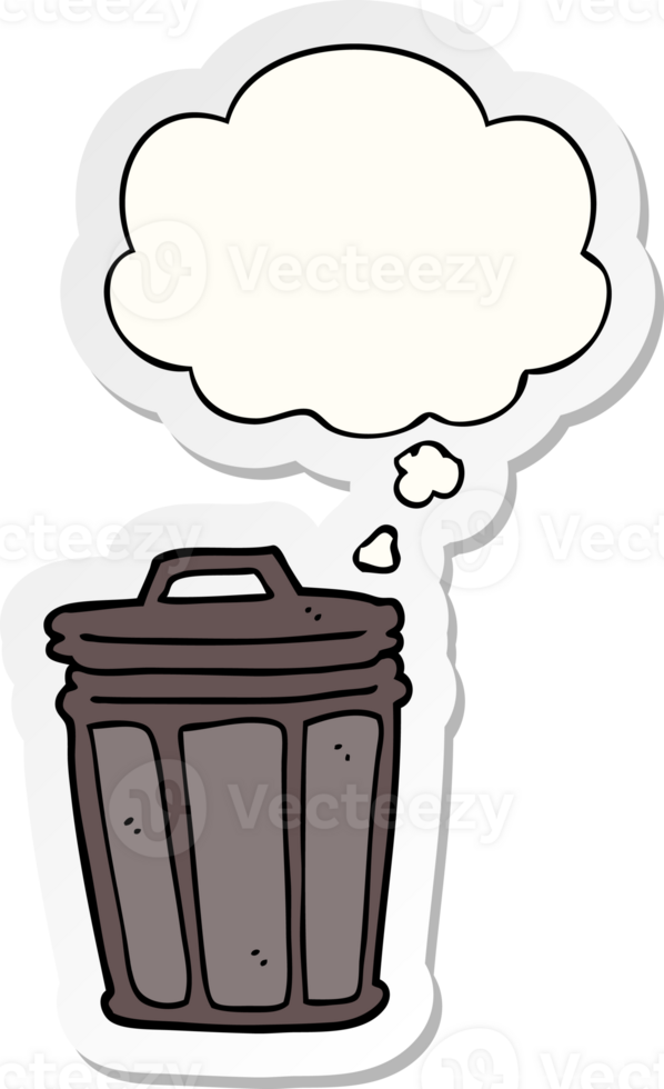 cartoon trash can with thought bubble as a printed sticker png