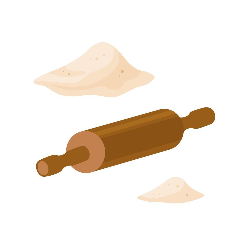 Wood Rolling pin with Wheat Flour in cartoon style. Piles of flour. Flour piles, plunger in cartoon style. Illustration isolated on white background. vector