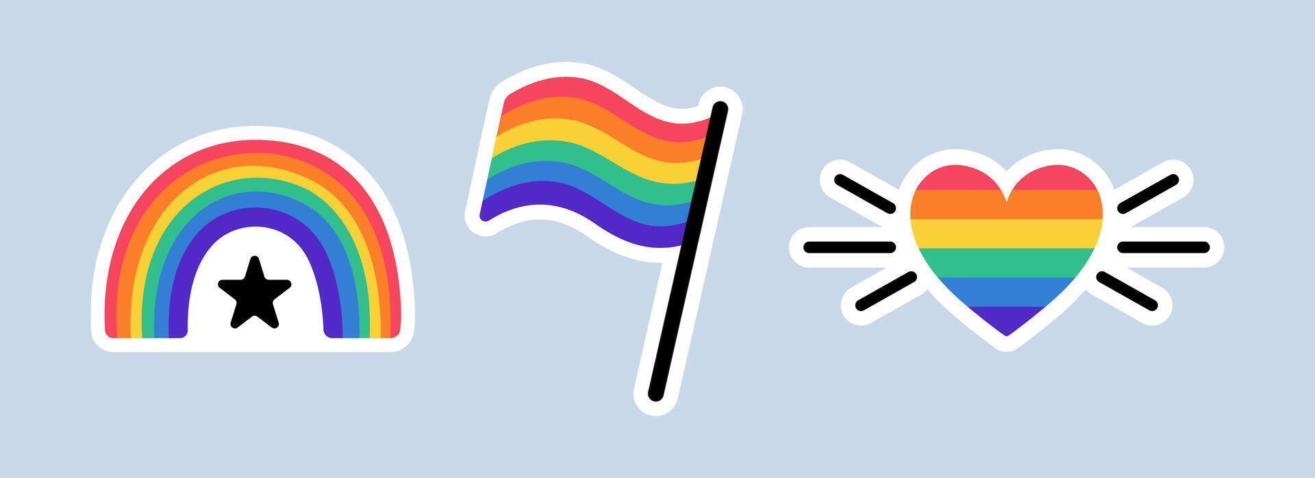 LGBT stickers pack in doodle style. LGBTQ set. LGBT pride community Symbols. Rainbow colored elements - flag, heart, rainbow. vector