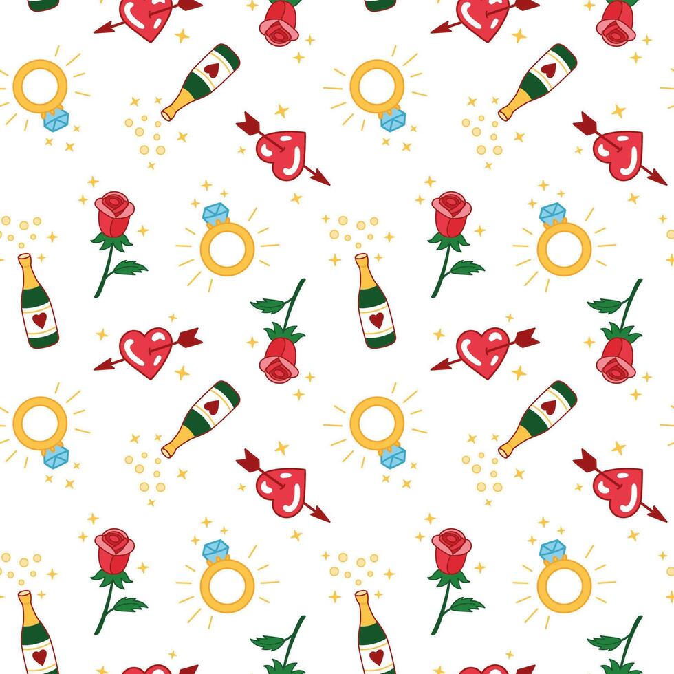 Engagement, wedding seamless pattern. Courtship Design elements texture. Wrapping paper. Romantic doodle background. Hand drawn cartoon style. vector