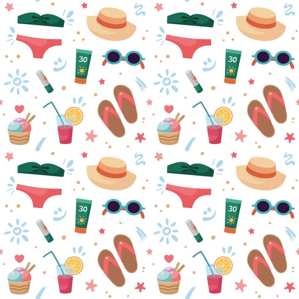 Female Beach accessories seamless pattern. Beach holidays, vacation concept. Flat design, cartoon illustration. Strokes of sunscreen cream. Flat design vector