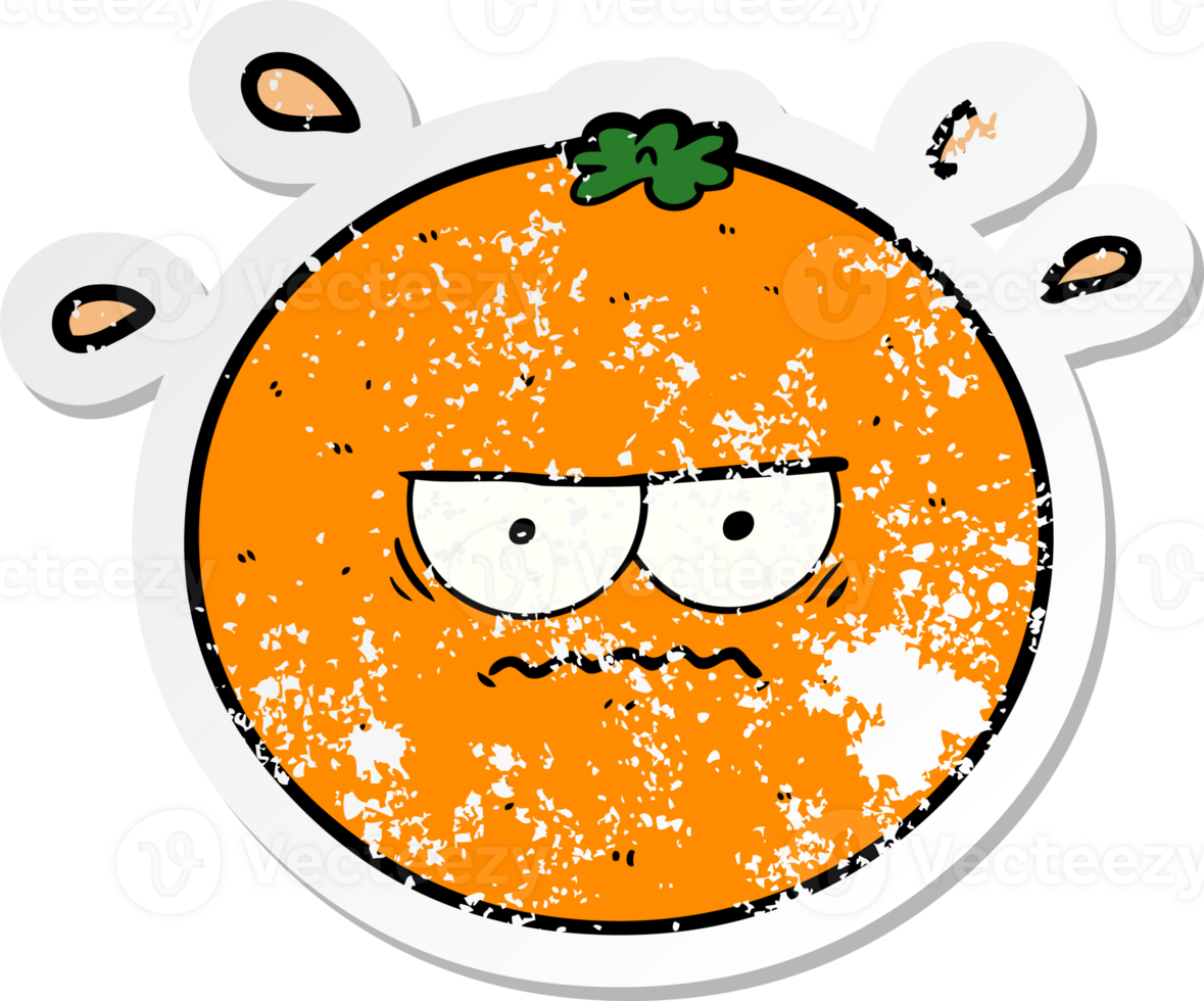 distressed sticker of a cartoon angry orange png