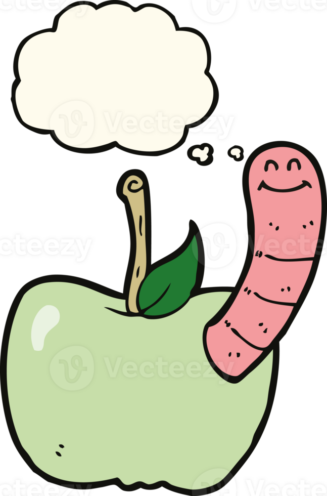 cartoon apple with worm with thought bubble png