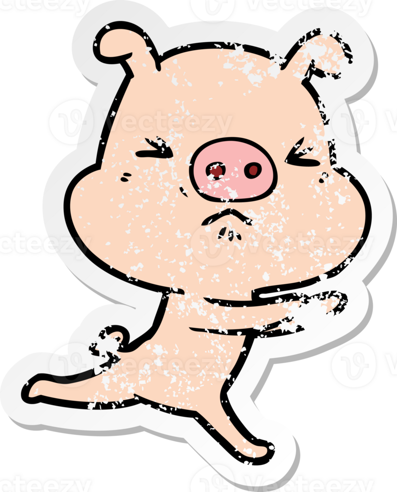 distressed sticker of a cartoon annoyed pig running png