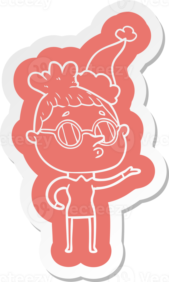 quirky cartoon  sticker of a woman wearing glasses wearing santa hat png