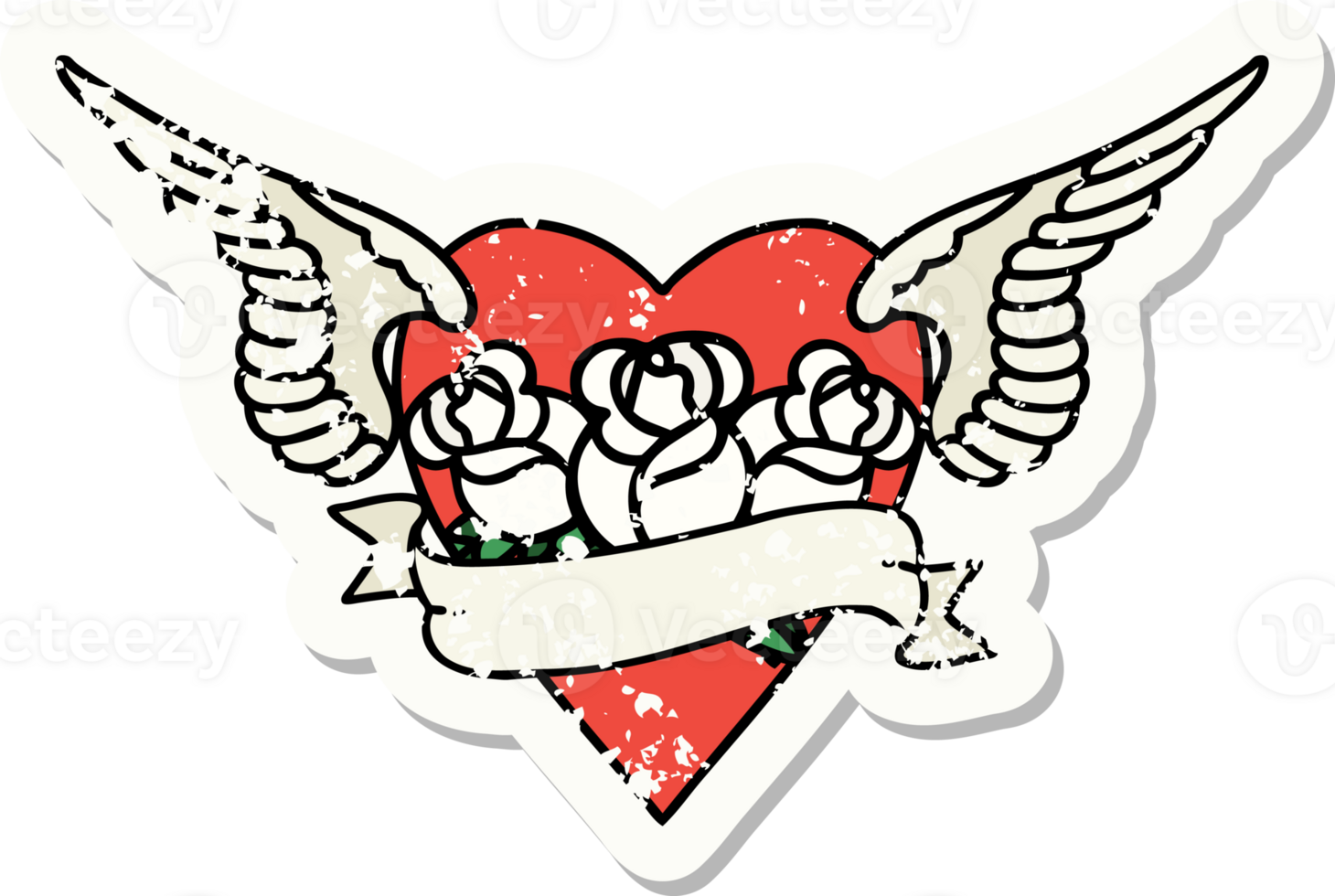 distressed sticker tattoo in traditional style of heart with wings flowers and banner png