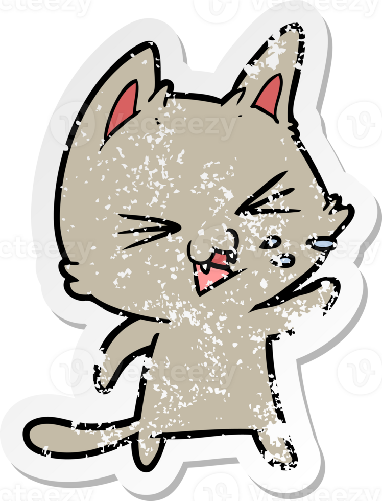 distressed sticker of a cartoon cat hissing png