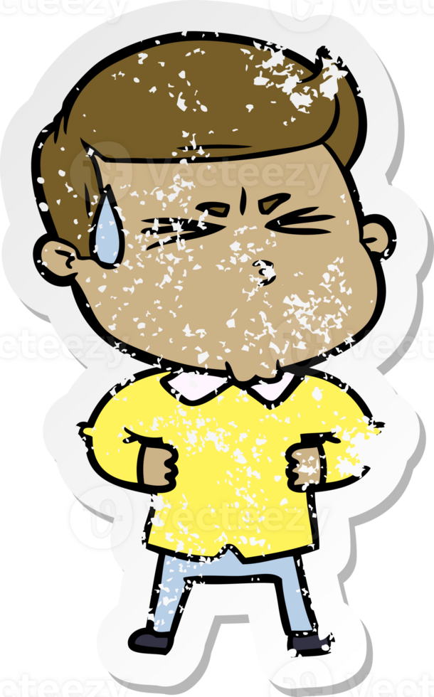 distressed sticker of a cartoon man sweating png
