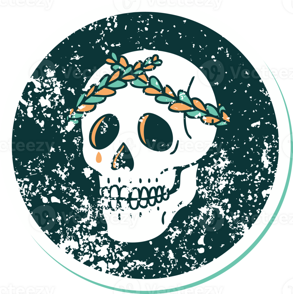 iconic distressed sticker tattoo style image of a skull with laurel wreath crown png