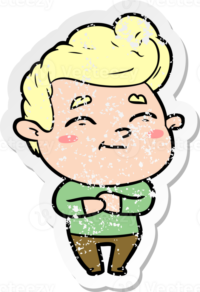 distressed sticker of a happy cartoon man png