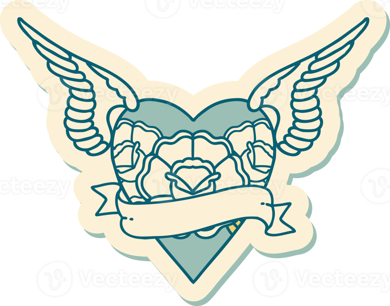 sticker of tattoo in traditional style of heart with wings flowers and banner png