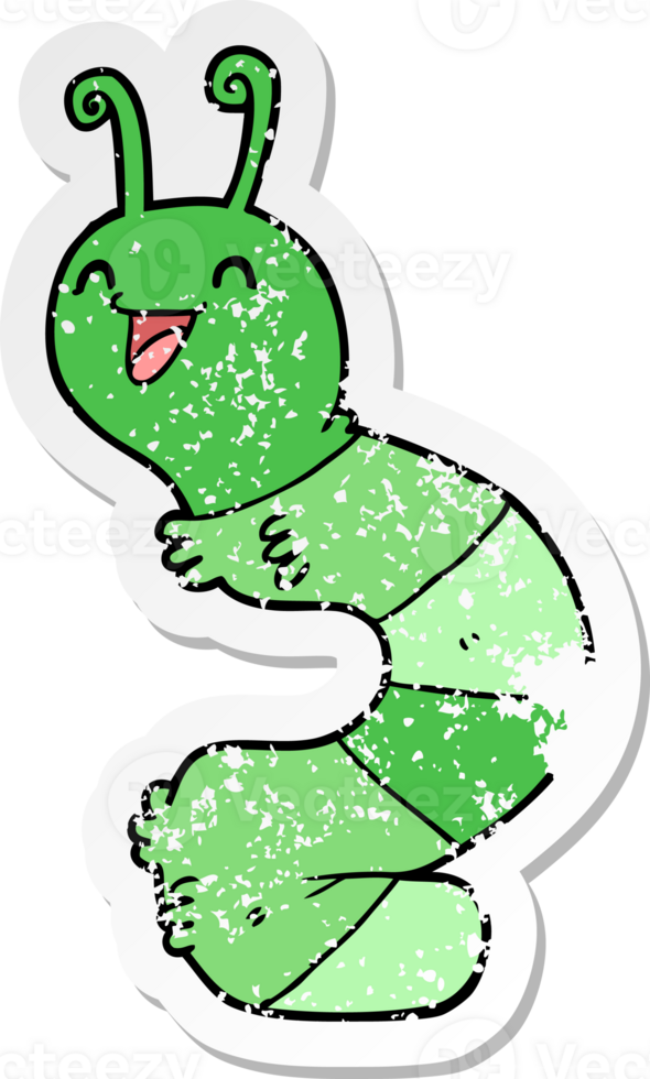 distressed sticker of a cartoon happy caterpillar png