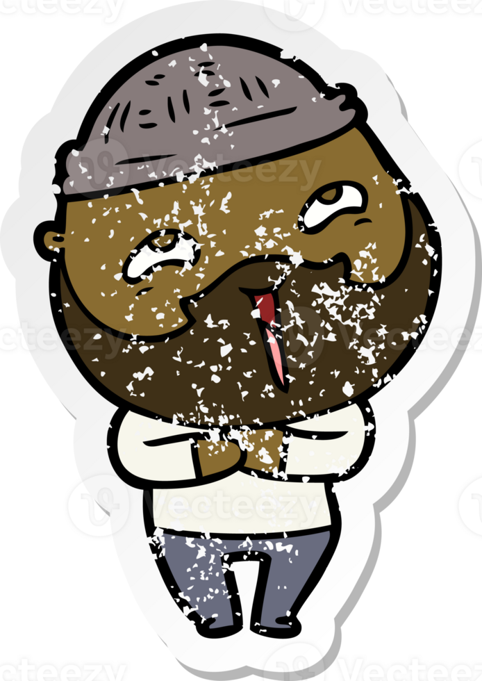 distressed sticker of a cartoon happy bearded man png