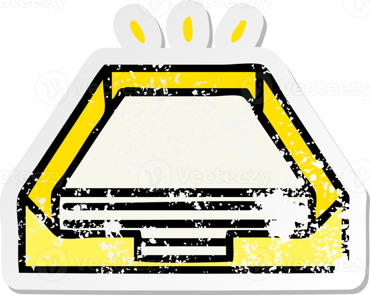 distressed sticker of a cute cartoon paper stack in tray png