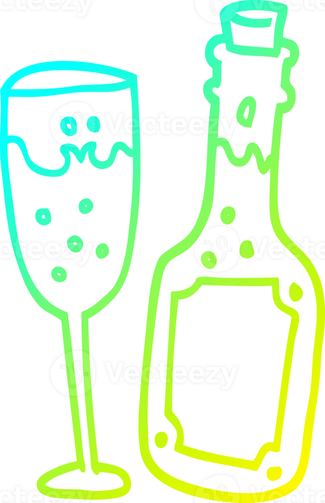 cold gradient line drawing of a cartoon champagne bottle and glass png