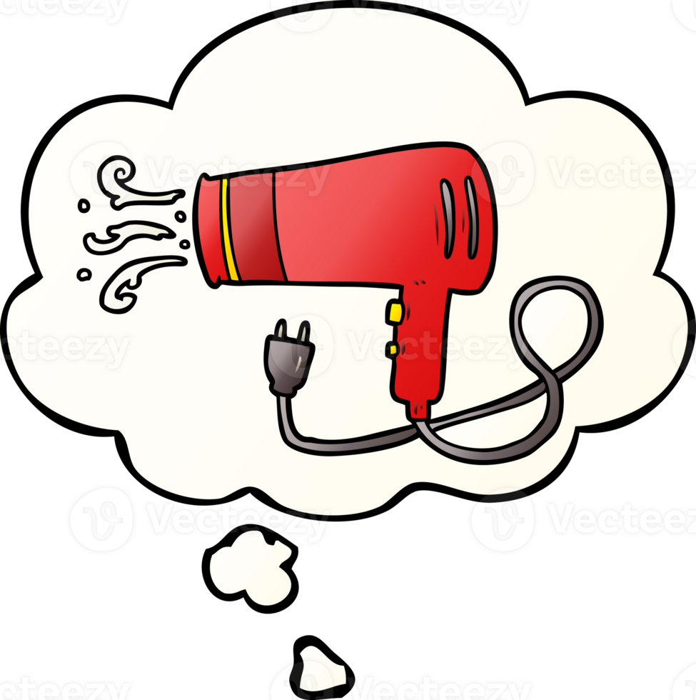 cartoon electric hairdryer with thought bubble in smooth gradient style png