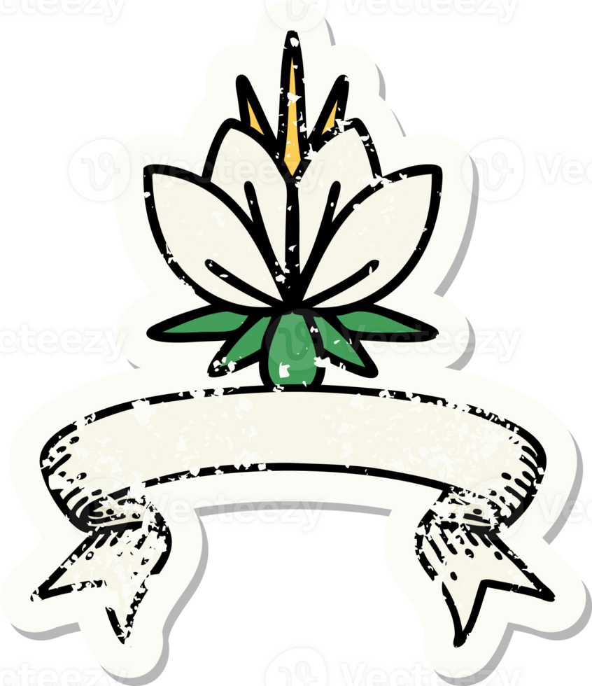 worn old sticker with banner of a water lily png