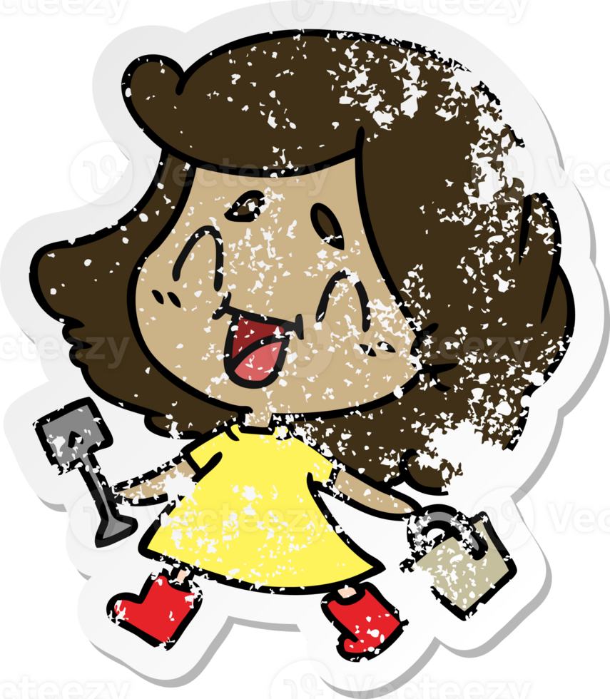 hand drawn distressed sticker cartoon of cute kawaii girl with bucket and spade png