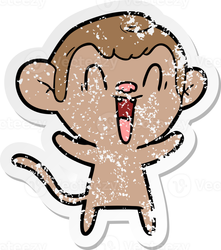 distressed sticker of a cartoon laughing monkey png