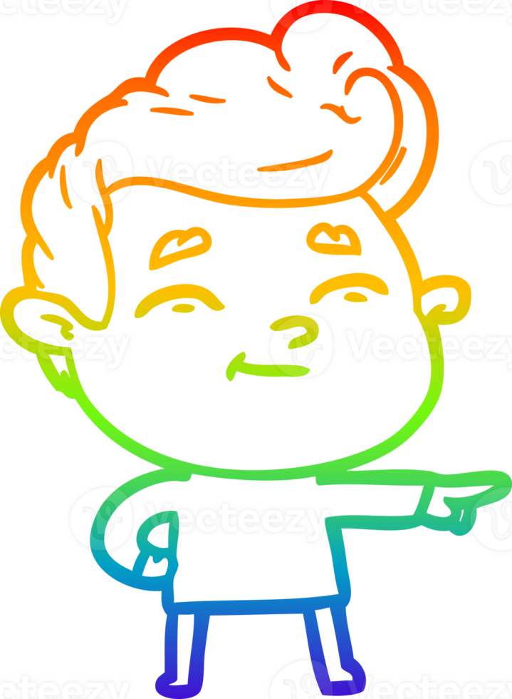rainbow gradient line drawing of a happy cartoon man pointing png