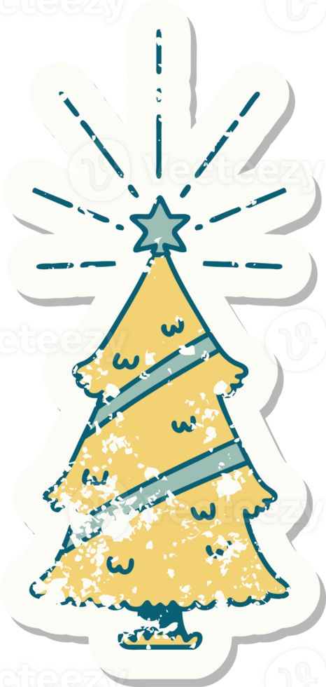 worn old sticker of a tattoo style christmas tree with star png