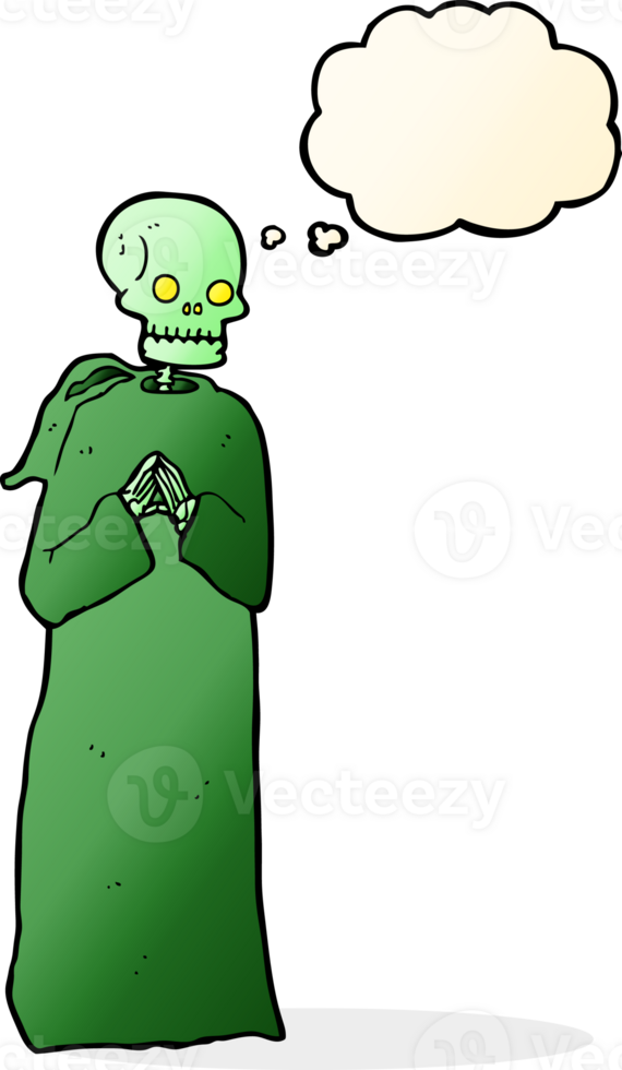 cartoon skeleton in black robe with thought bubble png