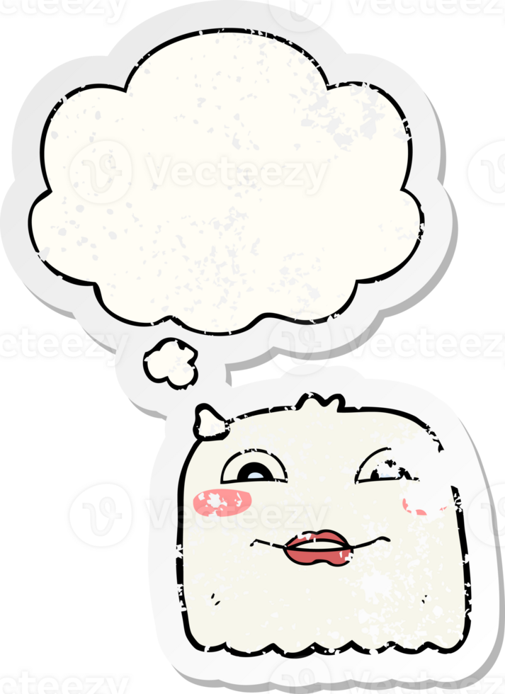 cartoon ghost with thought bubble as a distressed worn sticker png