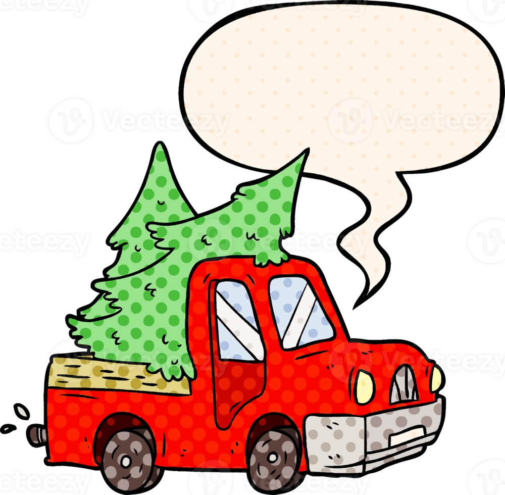 dessin animé ramasser un camion porter Noël des arbres avec discours bulle dans bande dessinée livre style png