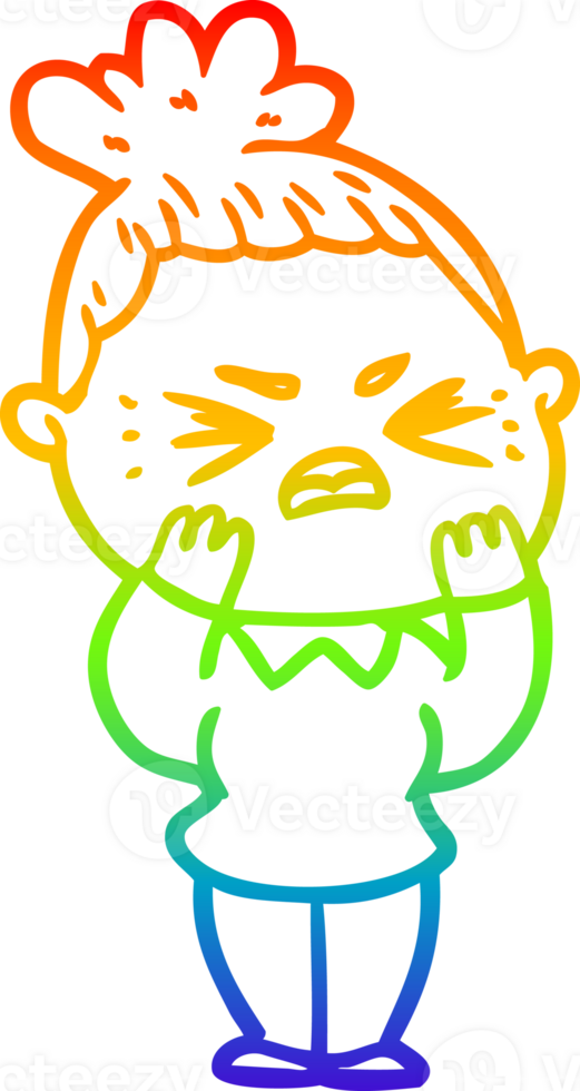 rainbow gradient line drawing of a cartoon angry woman png