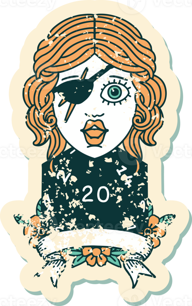 Retro Tattoo Style human rogue with natural 20 dice roll png