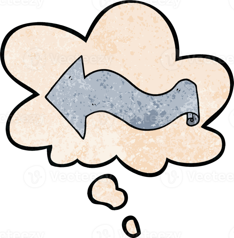 cartoon arrow with thought bubble in grunge texture style png