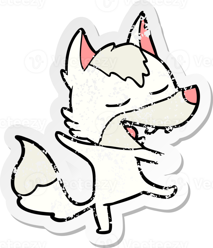 distressed sticker of a cartoon wolf laughing png