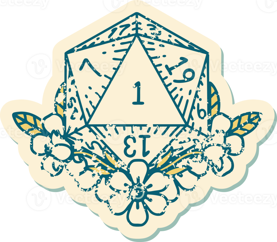 Retro Tattoo Style natural one dice roll with floral elements png