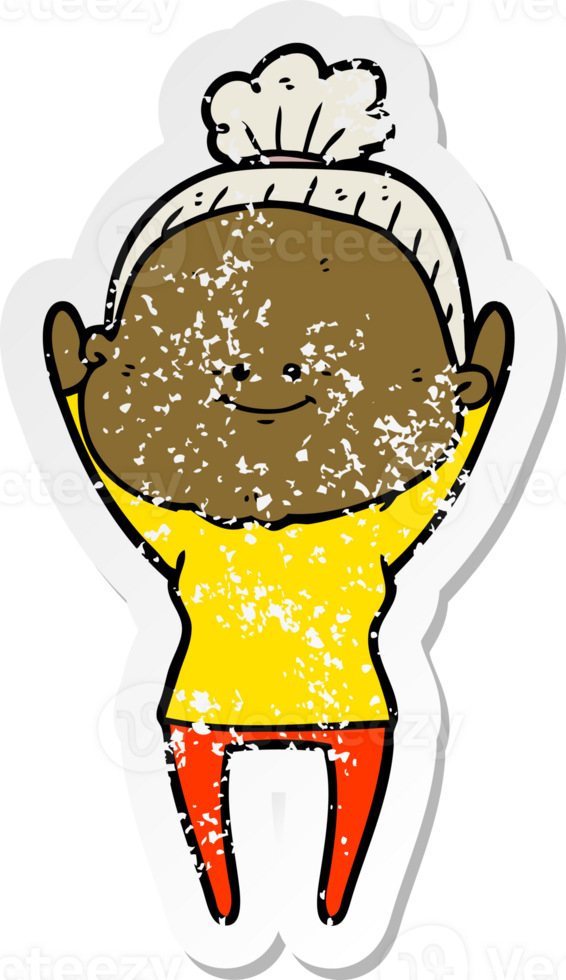 distressed sticker of a cartoon happy old woman png