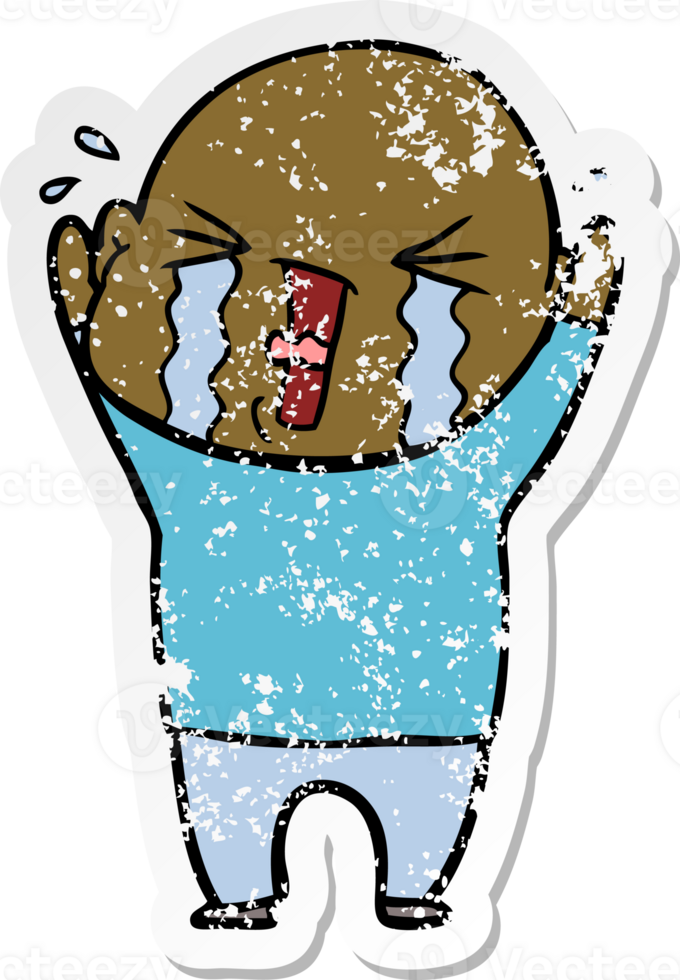 distressed sticker of a cartoon crying bald man png