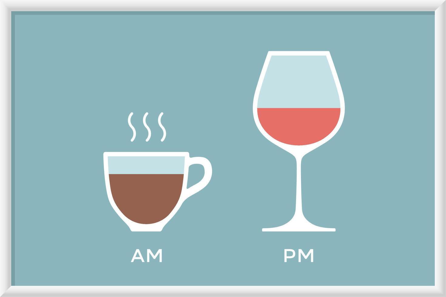 Cup coffee and glass wine in cafe with symbol defferent time vector