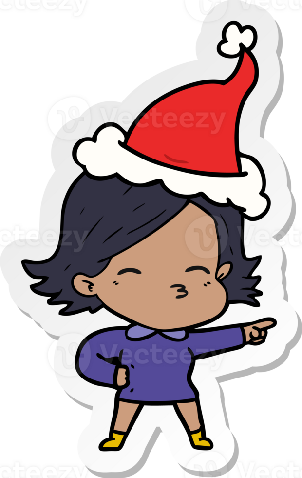 hand drawn sticker cartoon of a woman pointing wearing santa hat png