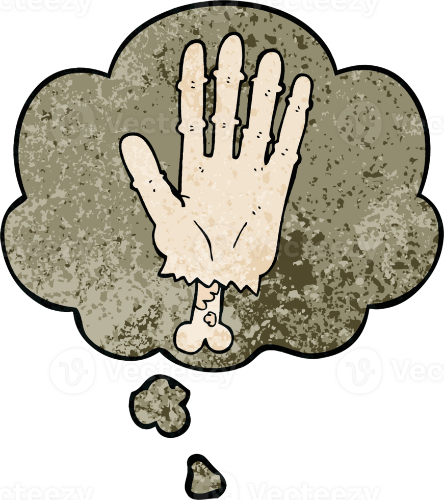 cartoon zombie hand with thought bubble in grunge texture style png