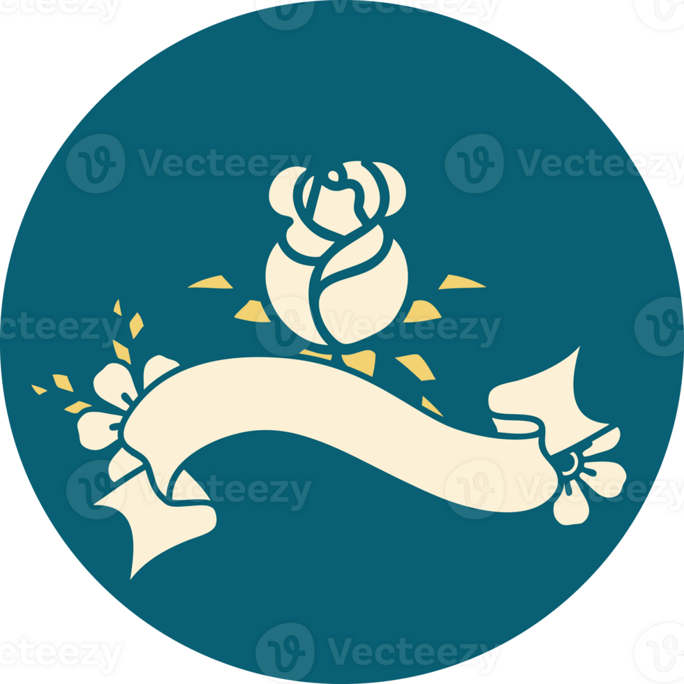 tattoo style icon with banner of a single rose png