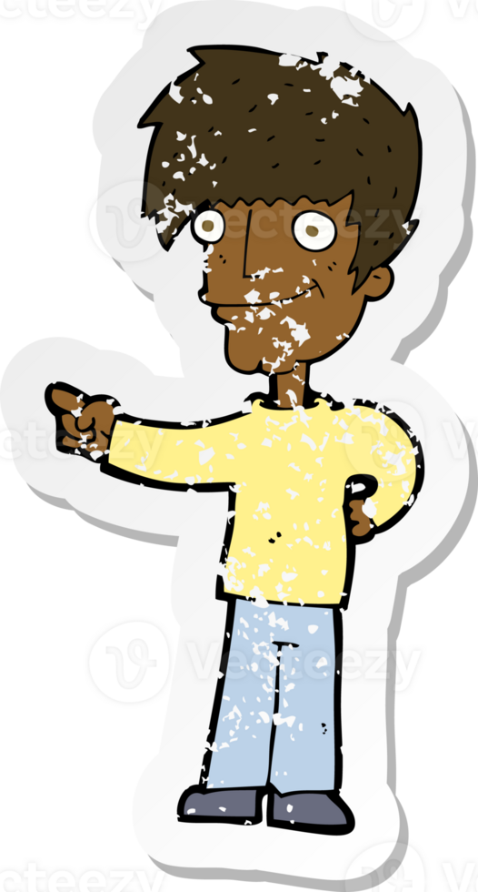 retro distressed sticker of a cartoon man pointing png