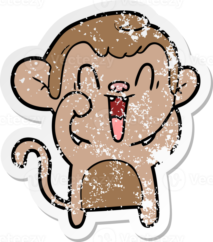 distressed sticker of a cartoon laughing monkey png