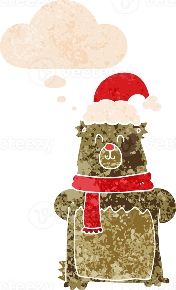 cartoon bear wearing christmas hat with thought bubble in grunge distressed retro textured style png