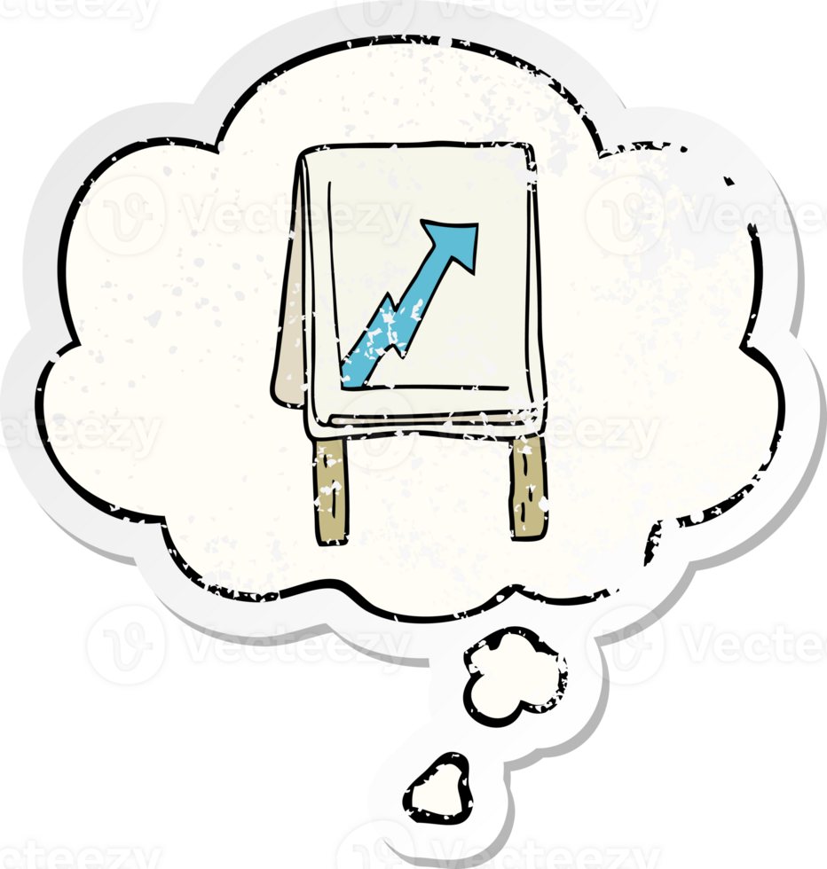 cartoon business chart with arrow with thought bubble as a distressed worn sticker png