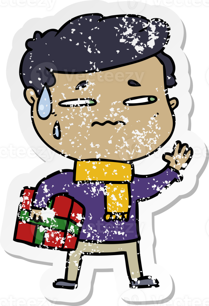 distressed sticker of a cartoon anxious man with christmas gift png
