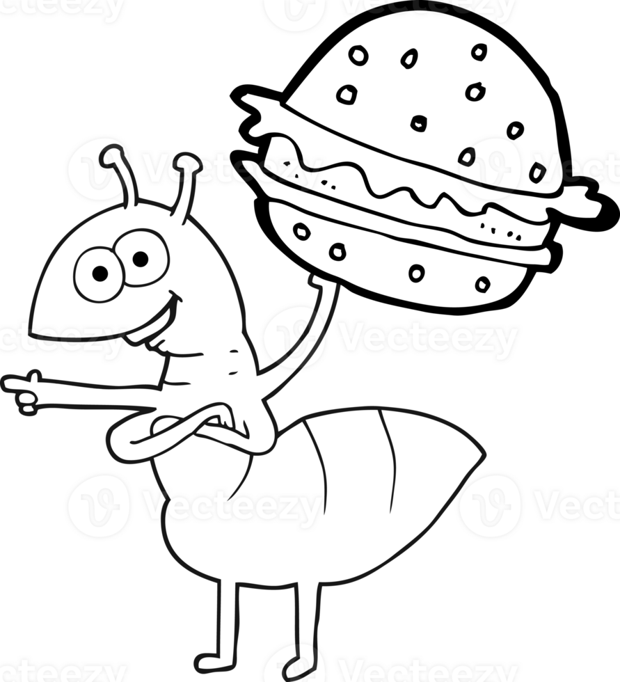 hand drawn black and white cartoon ant carrying food png