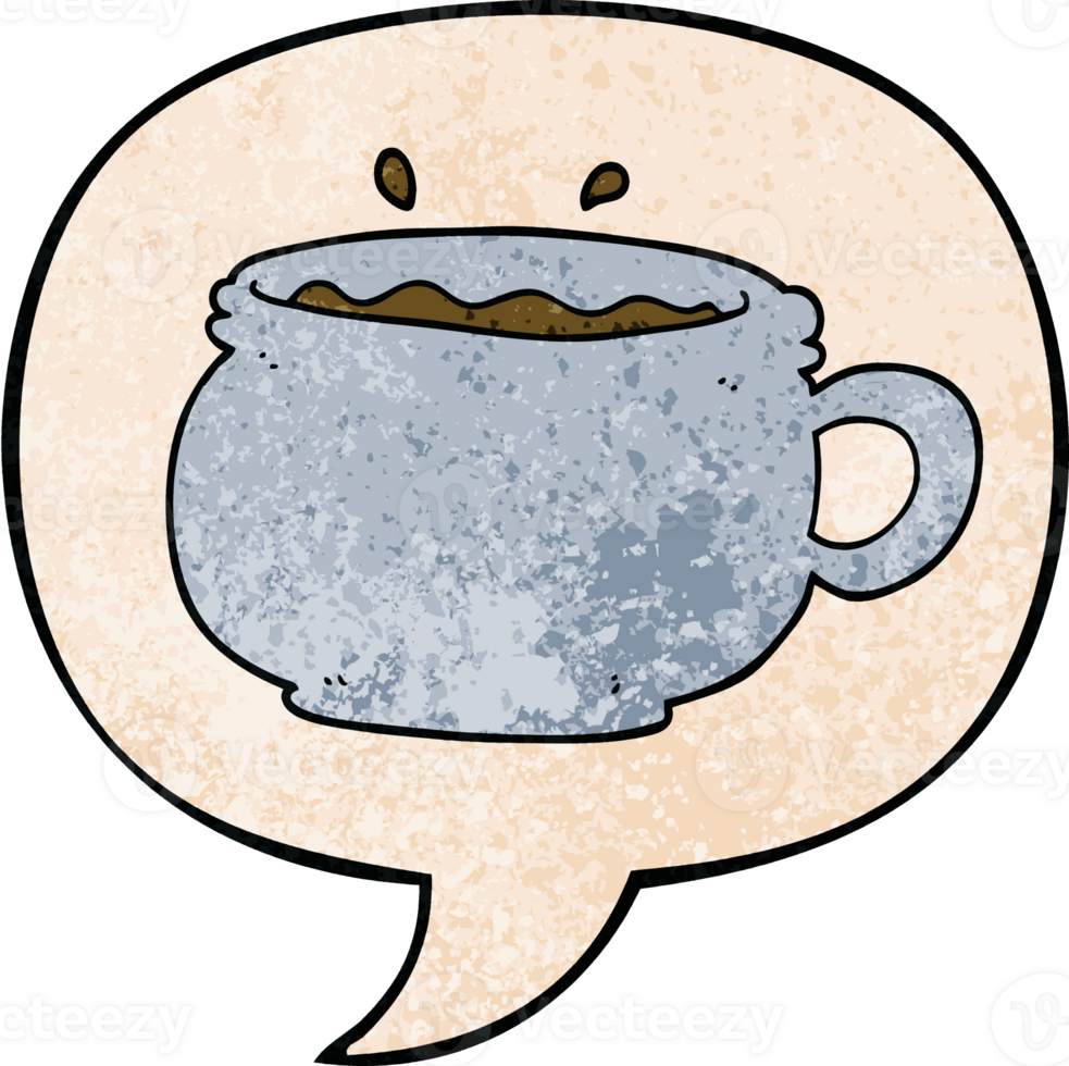 cartoon hot cup of coffee with speech bubble in retro texture style png