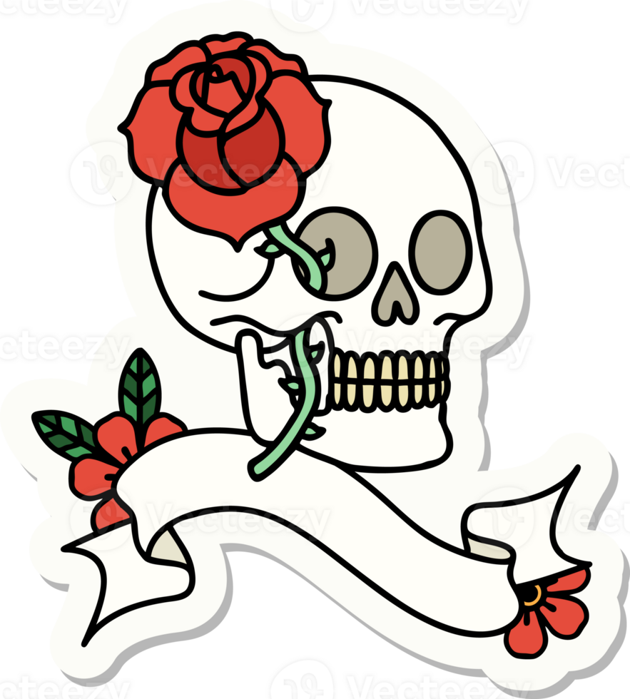 tattoo style sticker with banner of a skull and rose png