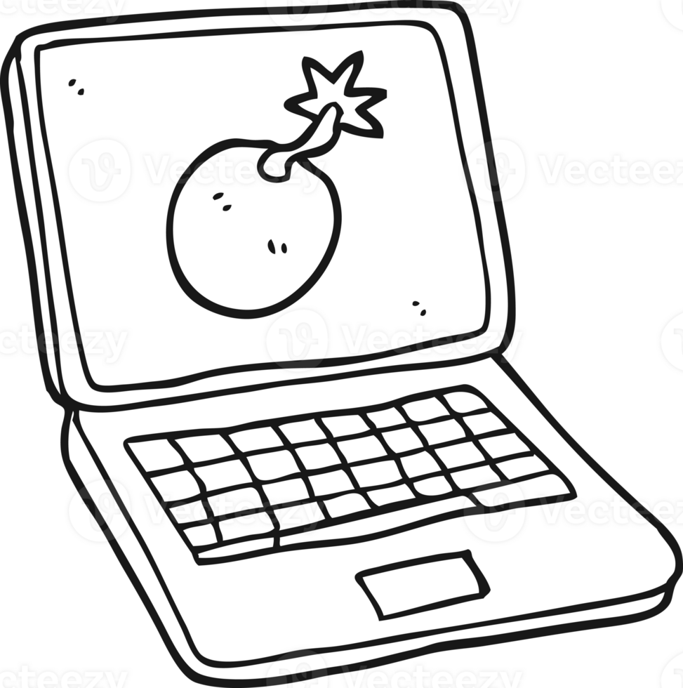 hand drawn black and white cartoon laptop computer with error screen png