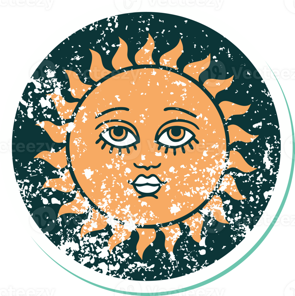 iconic distressed sticker tattoo style image of a sun with face png